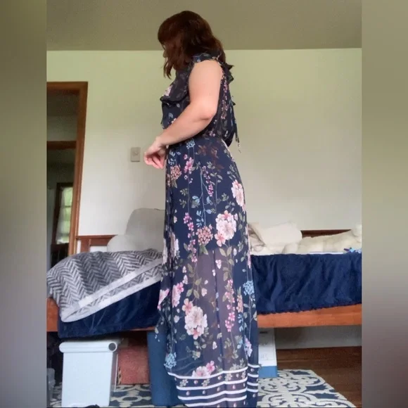 Navy Blue with Pink and Green Florals Wedding Guest Dress - Picture 2 of 4